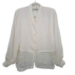 Chaus Off White Ivory Sheer Lace Balloon Sleeve Shoulder Pads Button Blouse Sz 6